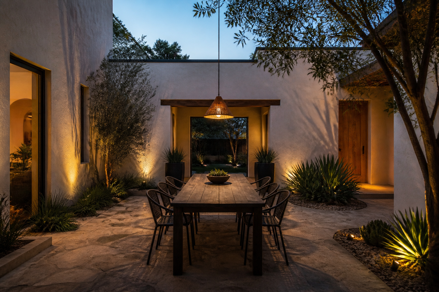 Concept image of a finished Austin courtyard with textured stucco and native planting
