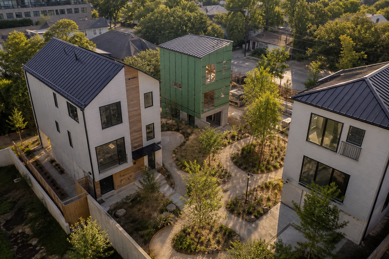 Concept image of a small Austin infill development around a native landscaped courtyard