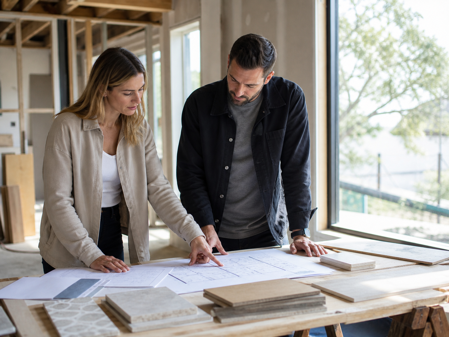Concept image of an architect and construction lead reviewing plans and material samples on site