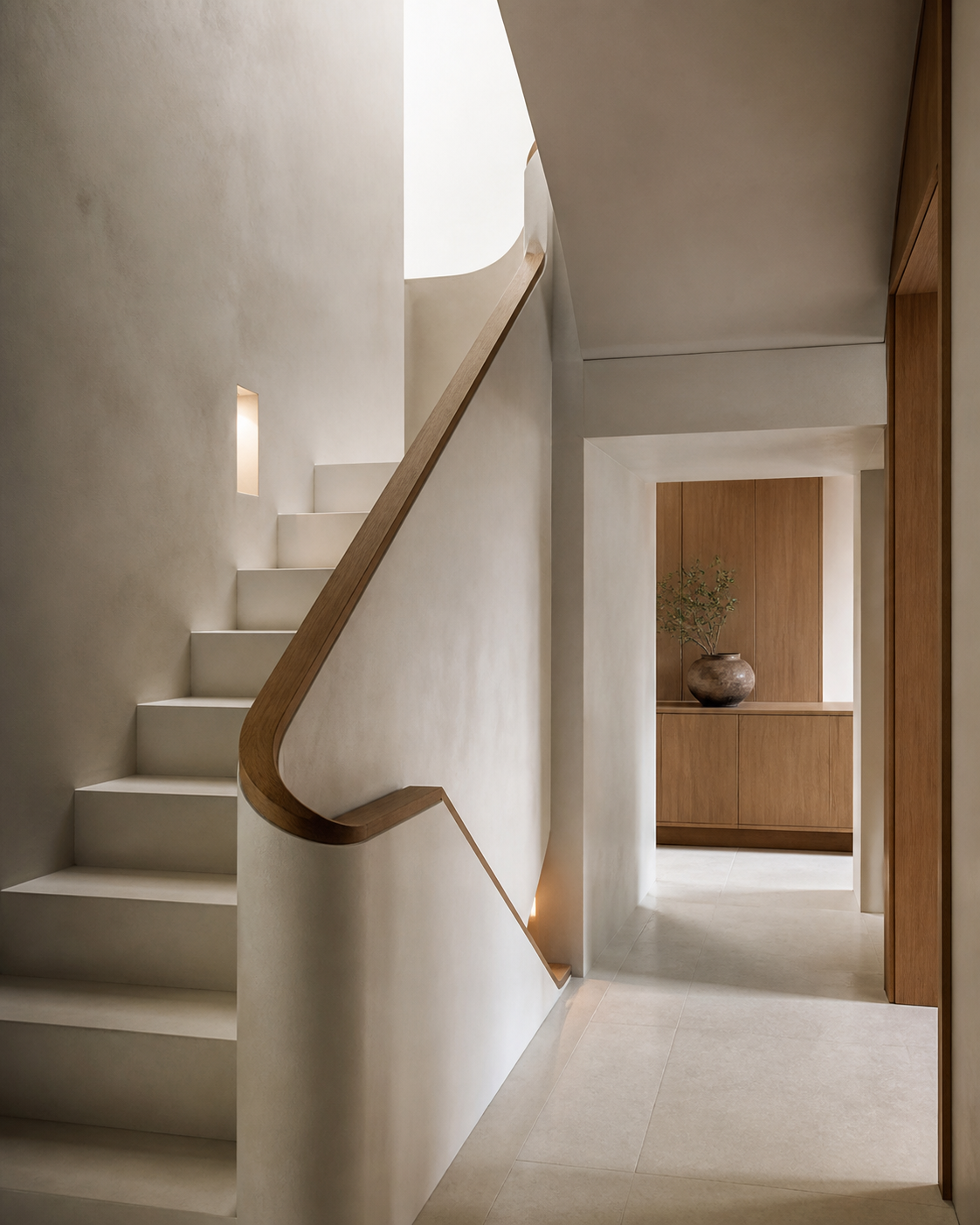 Concept image of a plaster stair and hand-finished oak rail in a modern home