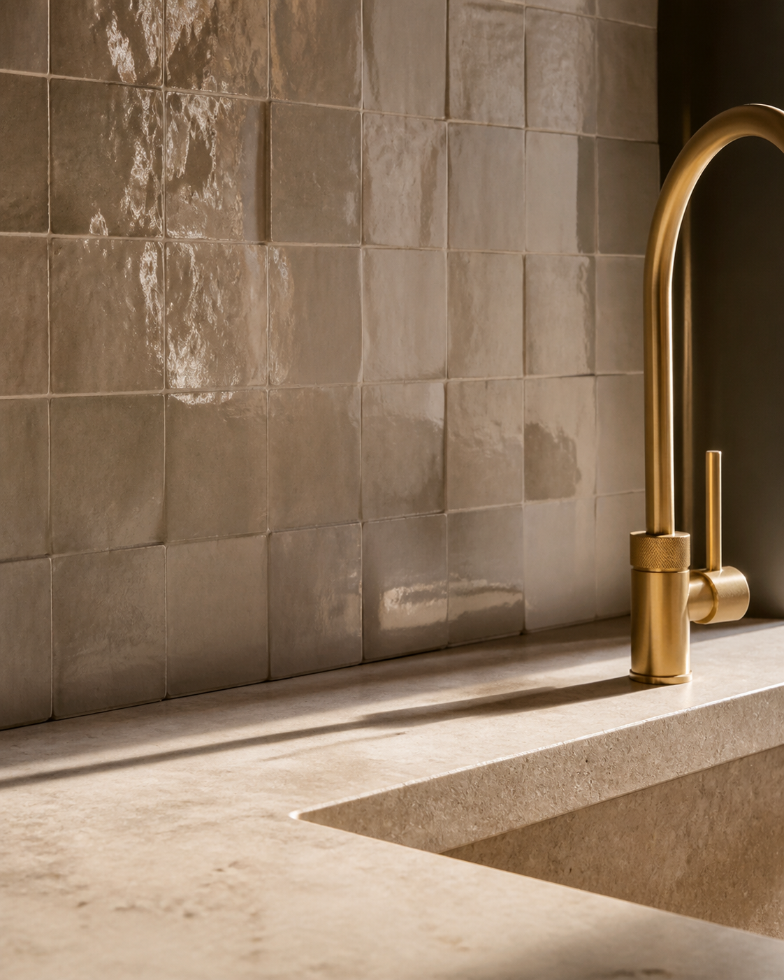 Concept image of hand-laid tile, limestone, and aged-brass faucet craftsmanship